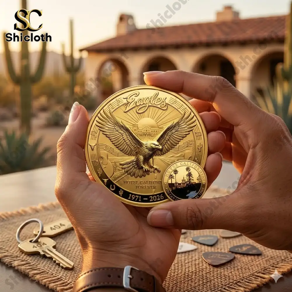 Hands holding golden Eagles coin in desert setting