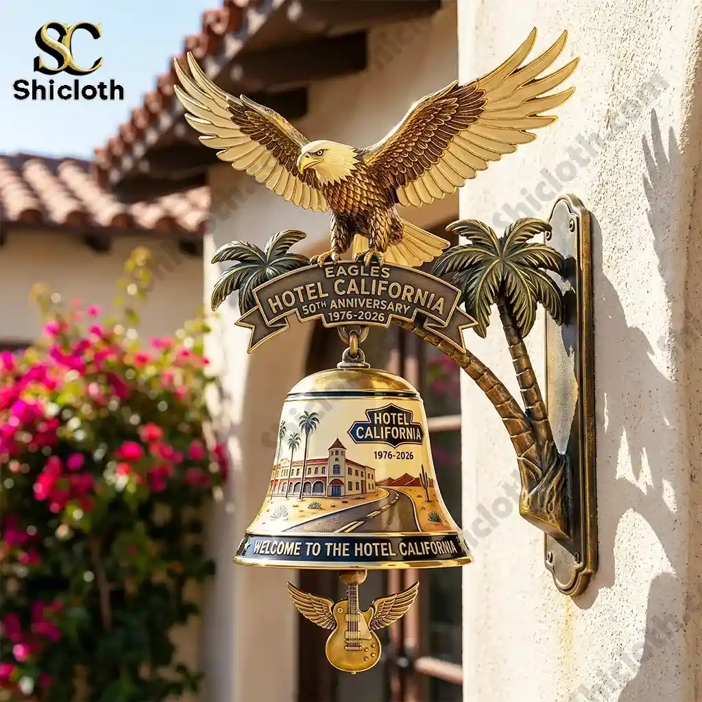 Eagles Hotel California anniversary wall bell mounted on exterior wall with golden eagle and palm trees!
