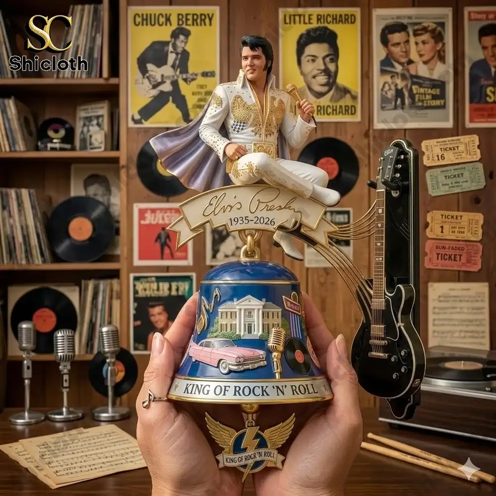 Elvis Presley commemorative wall bell with guitar and rock and roll decor held in hands!
