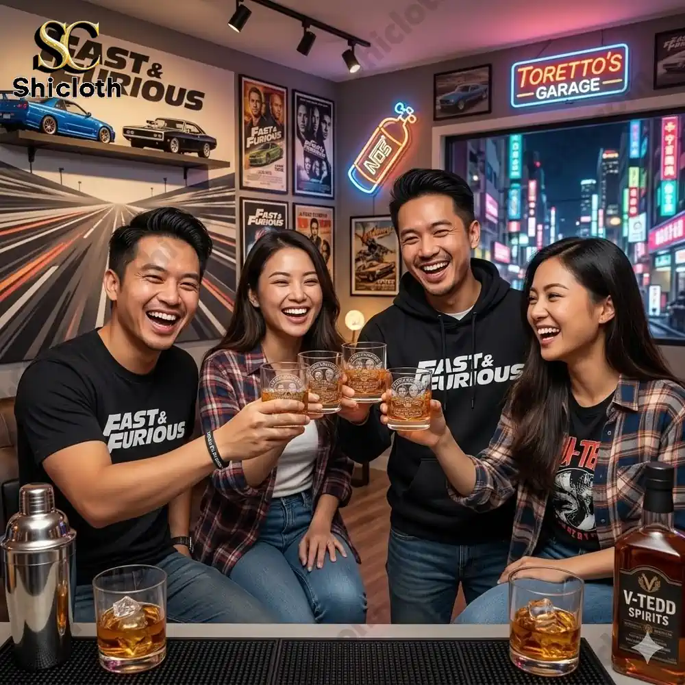 Friends raising whiskey glasses with Fast Furious themed design in a neon garage bar!