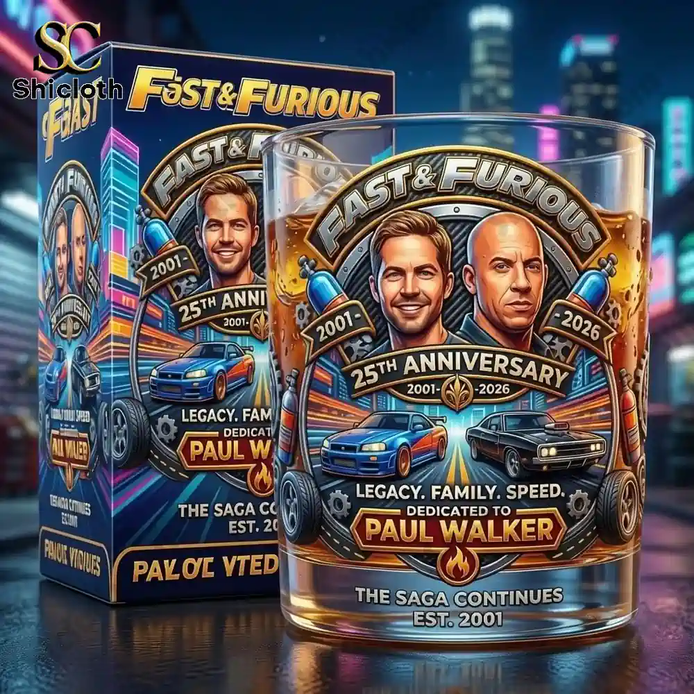 Fast Furious tribute whiskey glass with collector box displayed against neon city background!