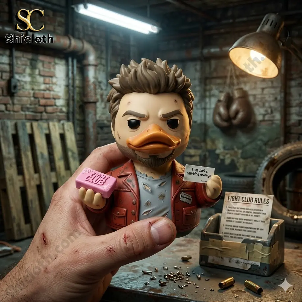 Fight Club style collectible duck figure held in hand in gritty fight club workshop scene by Shicloth!