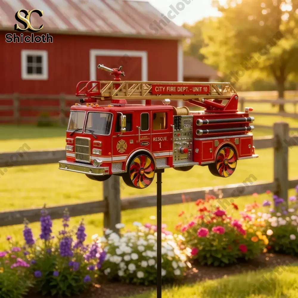 Red fire truck garden wind spinner on lawn near house
