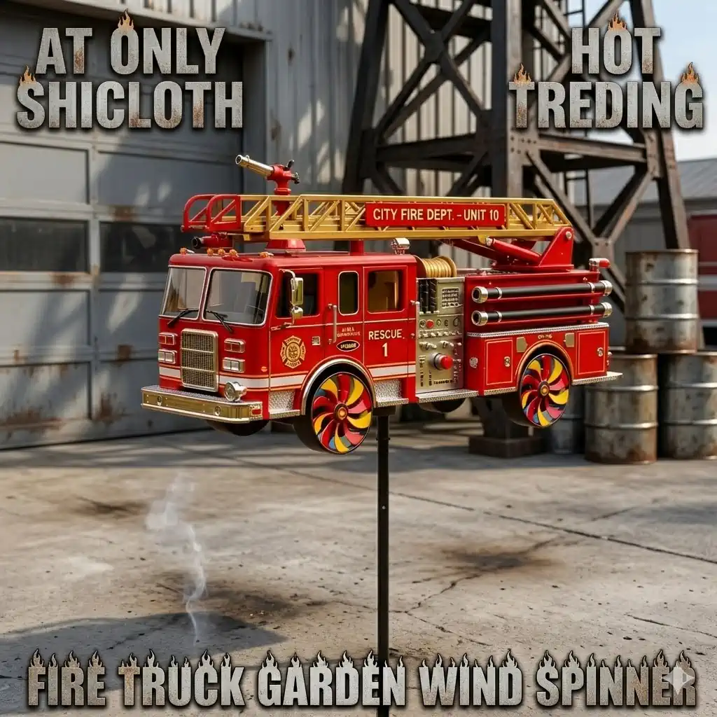 Fire truck wind spinner displayed in industrial yard setting