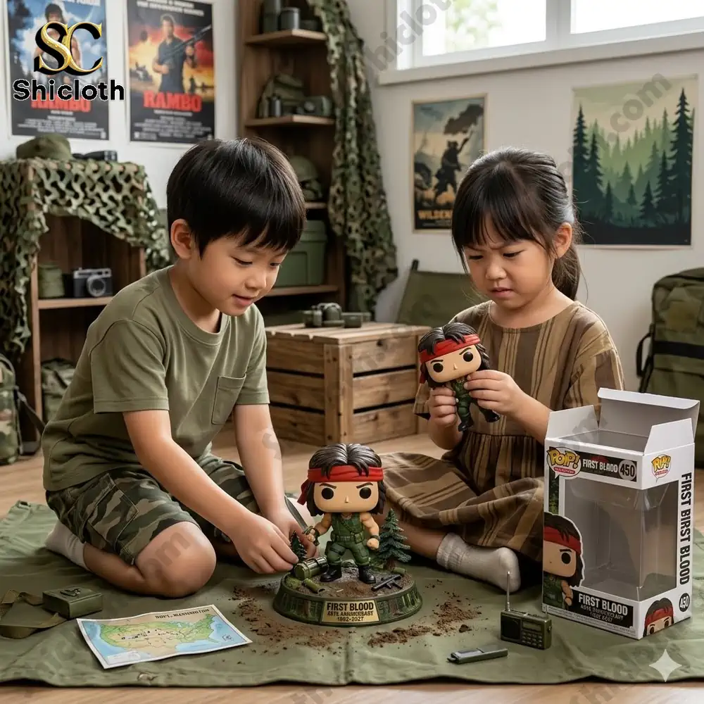 children playing with first blood anniversary figure from shicloth in a military themed room!