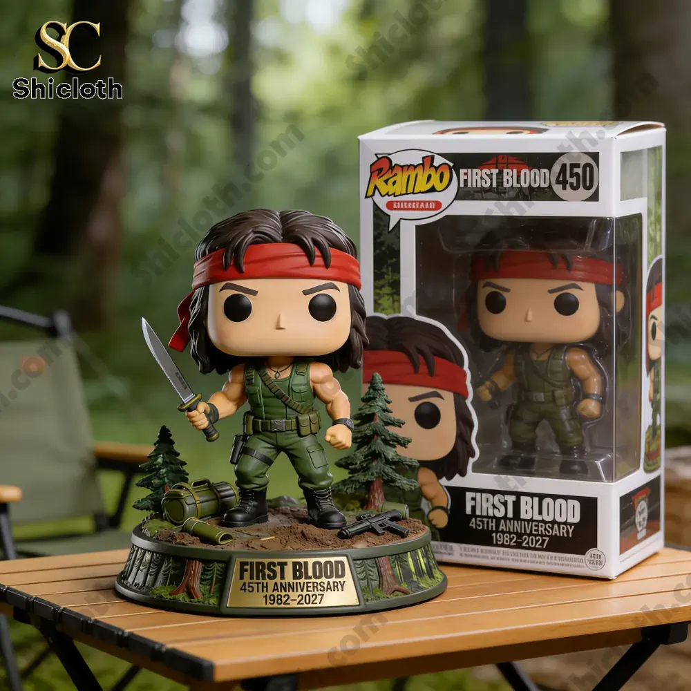 first blood anniversary hero figure with product box displayed outdoors by shicloth!