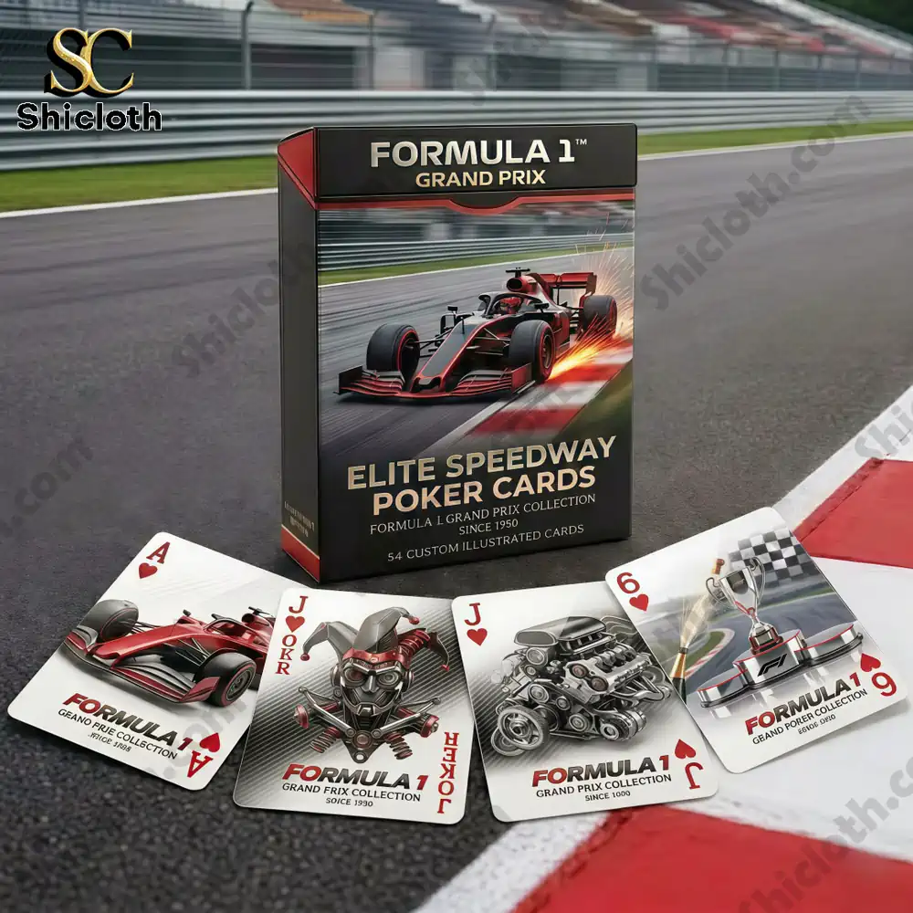 Formula 1 poker cards displayed on race track with box