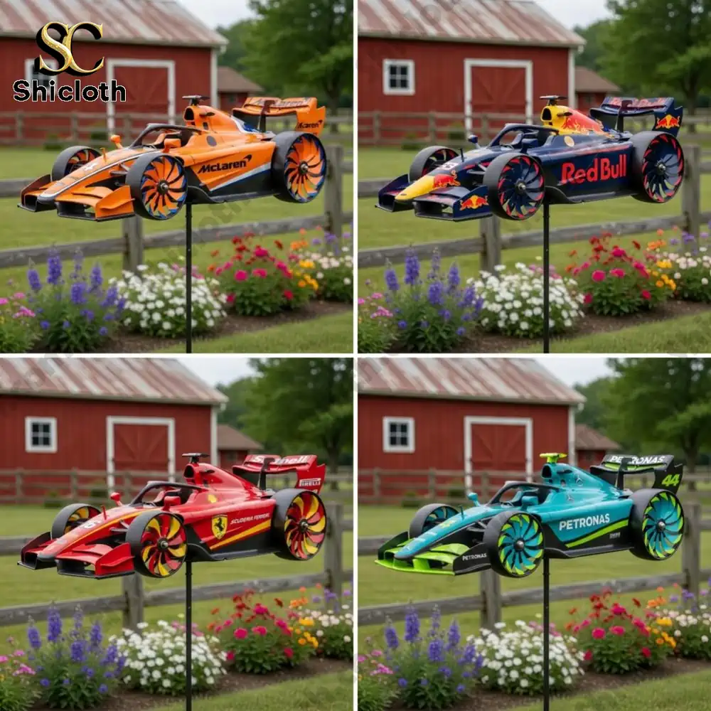 Colorful formula one car wind spinners displayed in a garden setting