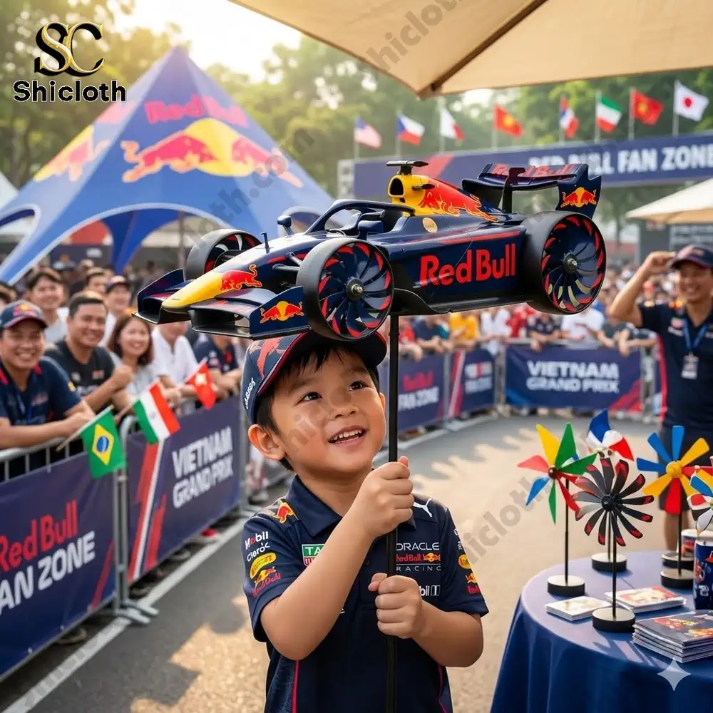 Child holding a red bull style formula one wind spinner at an outdoor event