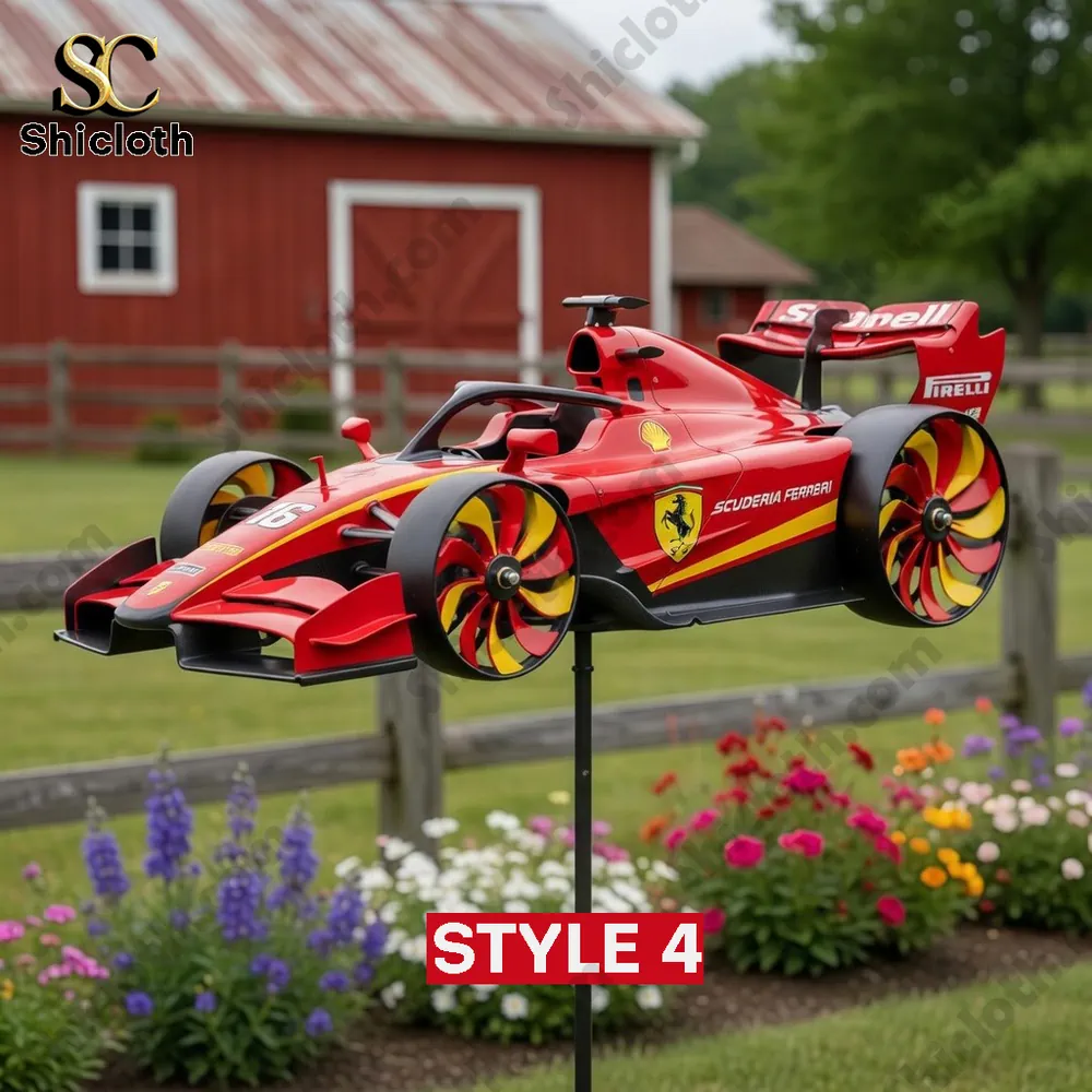 Formula 1 Team Wind Spinner For Garden 6 Red ferrari style formula one wind spinner in a garden