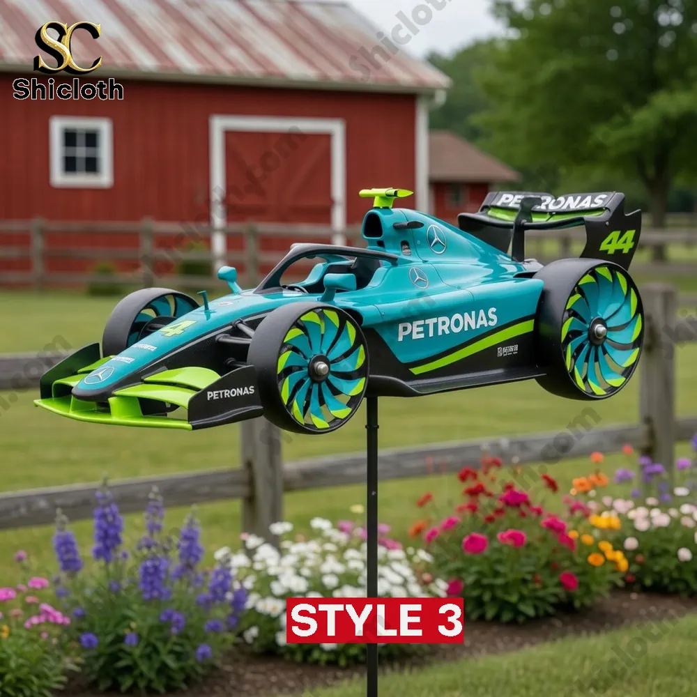 Formula 1 Team Wind Spinner For Garden 5 Teal petronas style formula one wind spinner displayed outdoors