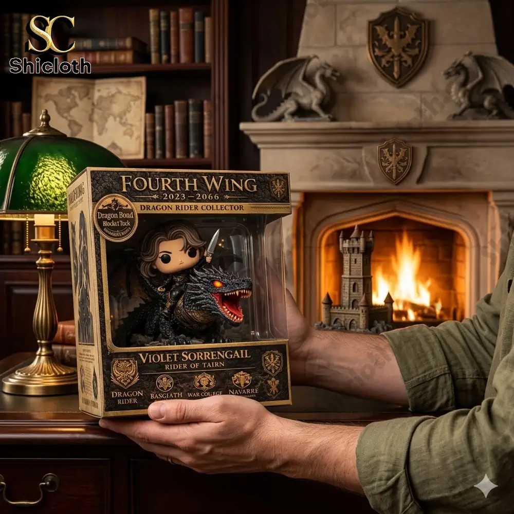 Hand holding Violet Sorrengail riding Tairn dragon collector figure box in a warm library setting