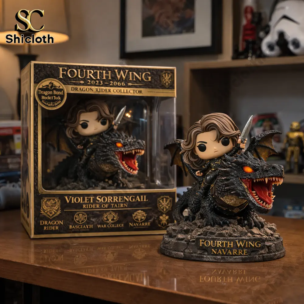 Violet Sorrengail riding Tairn dragon collector figure displayed beside its box on a wooden desk
