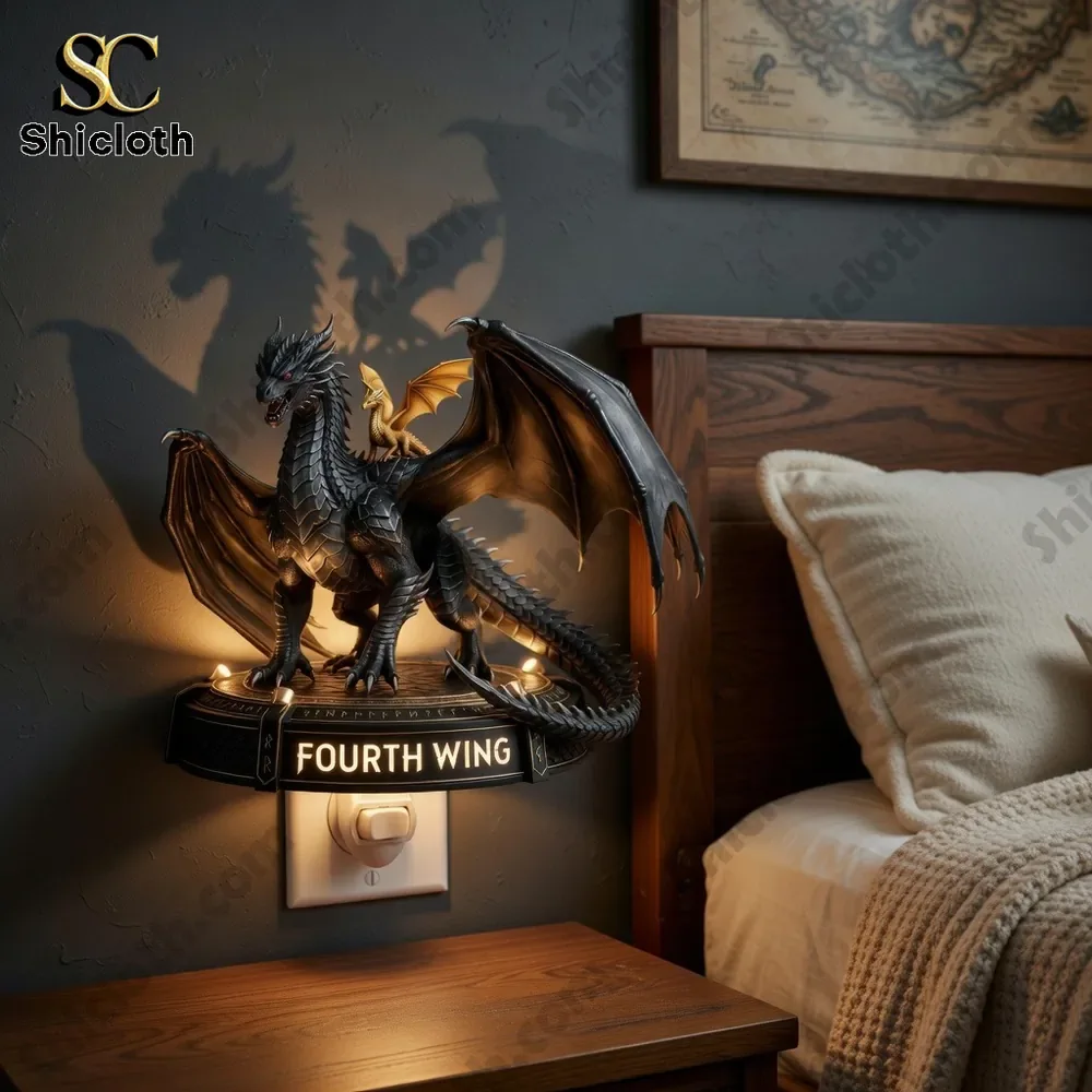 Dragon night light beside a bed casting warm glow