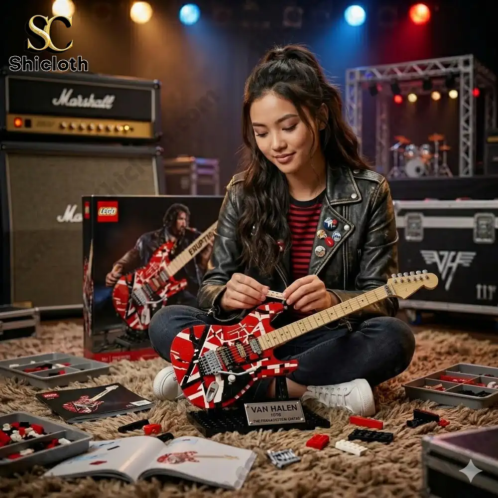 Woman assembling red lego electric guitar model on stage!