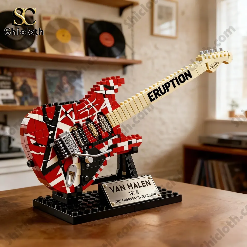 Eddie Van Halen Frankenstrat Eruption Guitar Brick Set 3 Close up lego Van Halen guitar model with red pattern!