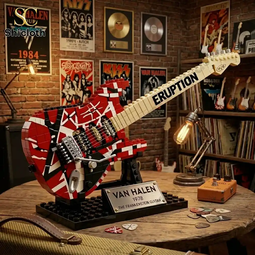 Eddie Van Halen Frankenstrat Eruption Guitar Brick Set 4 Lego Van Halen guitar model in rock studio setup!