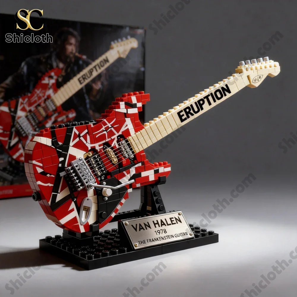 Eddie Van Halen Frankenstrat Eruption Guitar Brick Set 5 Lego electric guitar model displayed in vintage room!