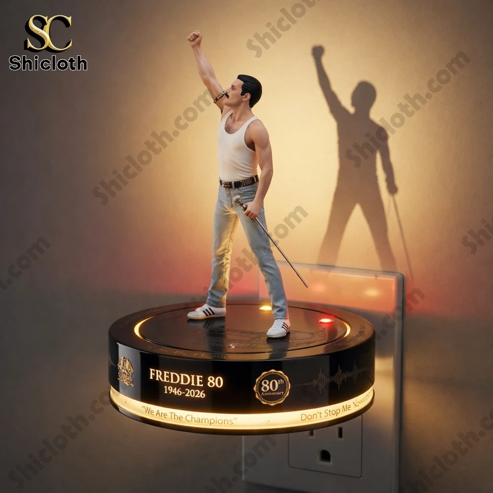 Freddie Mercury style figure standing on glowing base holding microphone