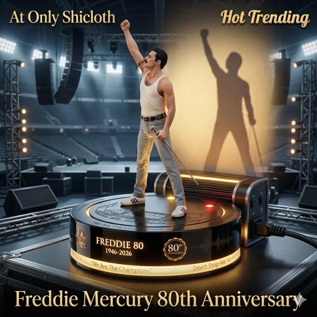 Freddie Mercury style figure on stage with concert background and lighting