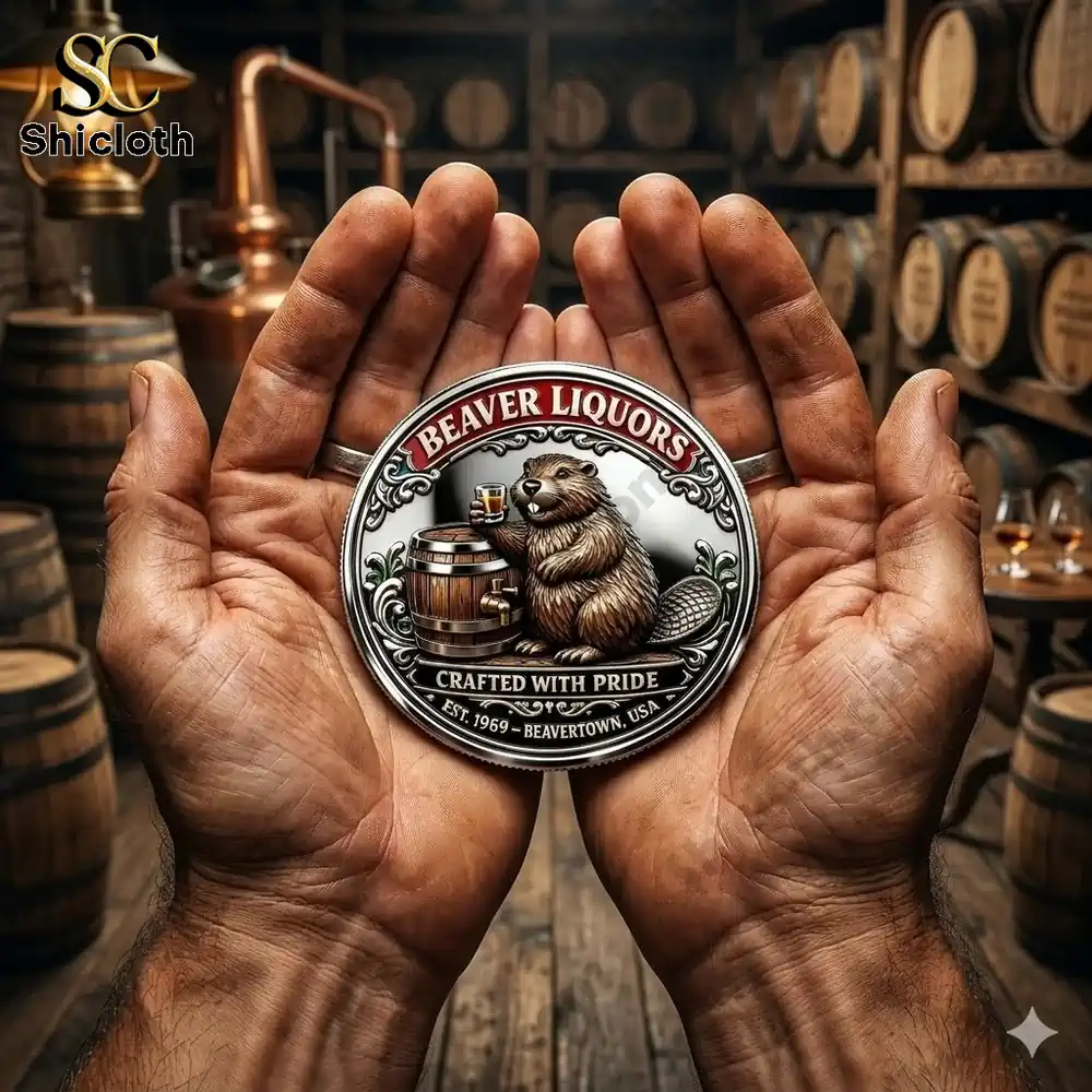 Hands holding Shicloth Beaver Liquor Distillery commemorative coin in whiskey barrel cellar!
