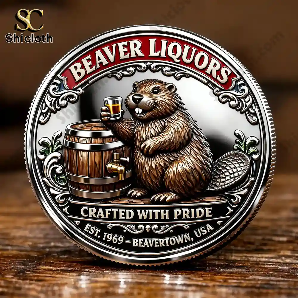 Front design of Shicloth Beaver Liquor Distillery commemorative coin with beaver raising a drink beside barrel!