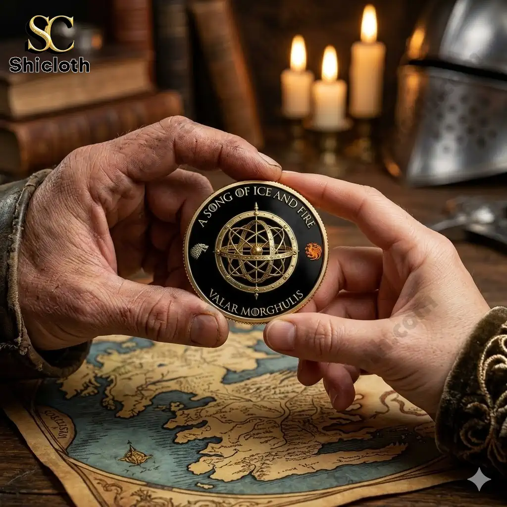Hands holding A Song of Ice and Fire commemorative coin over a Westeros map