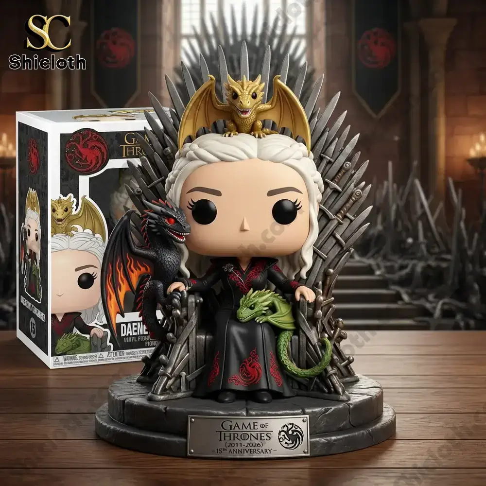 AC/DC 53rd Anniversary Commemorative Figure 81 A stylized queen figure sitting on an iron throne with three dragons around her in a medieval hall!