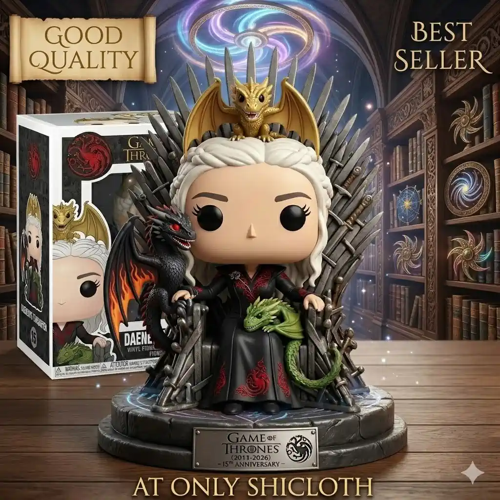 A stylized queen figure on an iron throne with dragons in a magical library setting!
