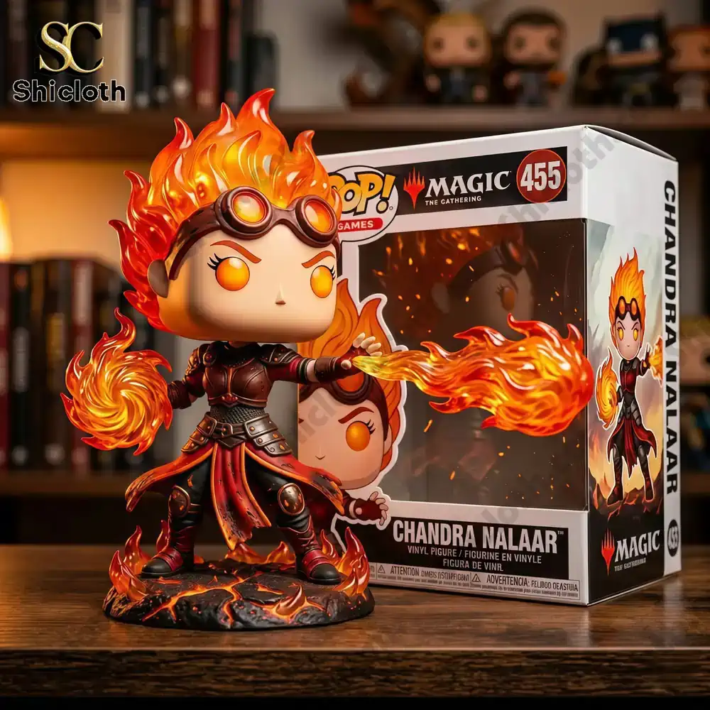 Games Magic The Gathering Chandra Nalaar Funko Pop! Figure 3 Chandra Nalaar fire mage figure with box on wooden table