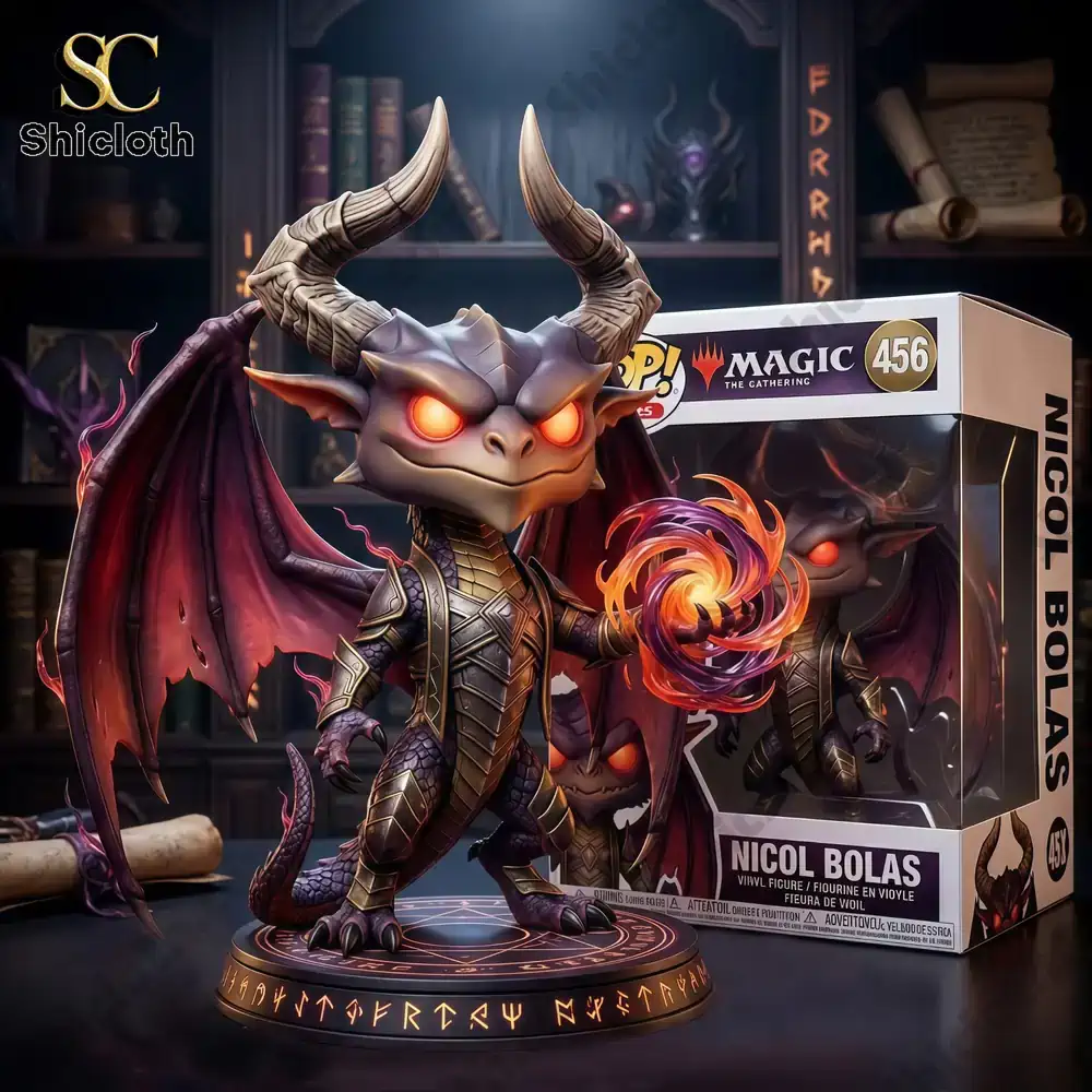 Games Magic The Gathering Nicol Bolas Funko Pop! Figure 3 Nicol Bolas dragon figure with glowing eyes and magic energy in hand displayed next to product box!
