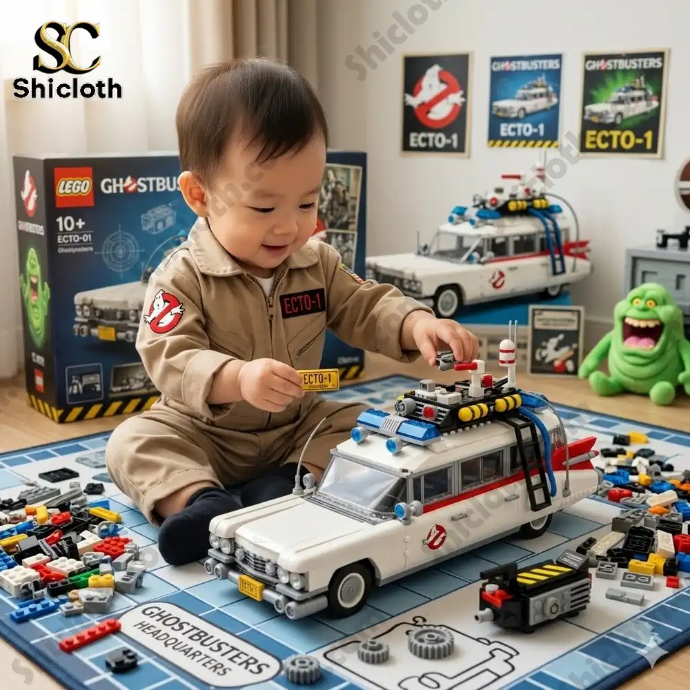 Child playing with Ghostbusters Ecto 1 building brick set