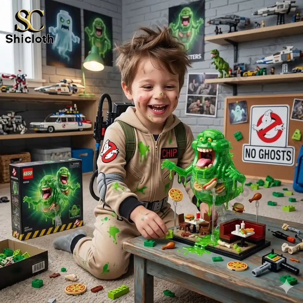 Child playing with green ghost building brick toy set!