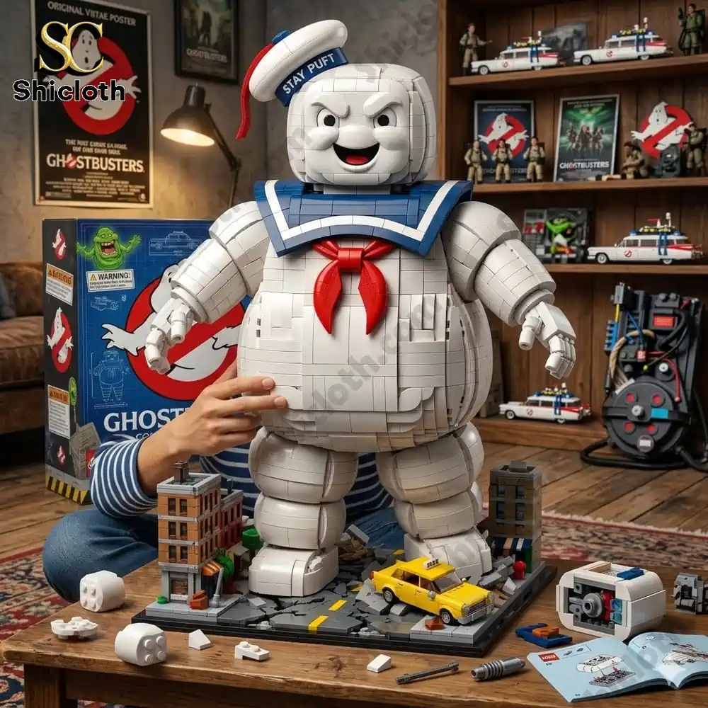 Stay Puft marshmallow man brick model displayed on table with Ghostbusters theme!