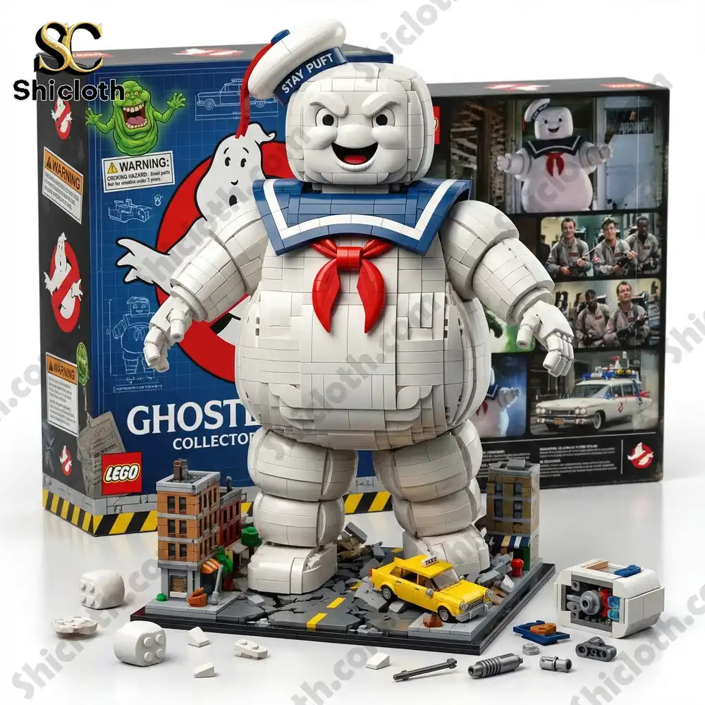 Stay Puft marshmallow man brick model standing in front of Ghostbusters box!