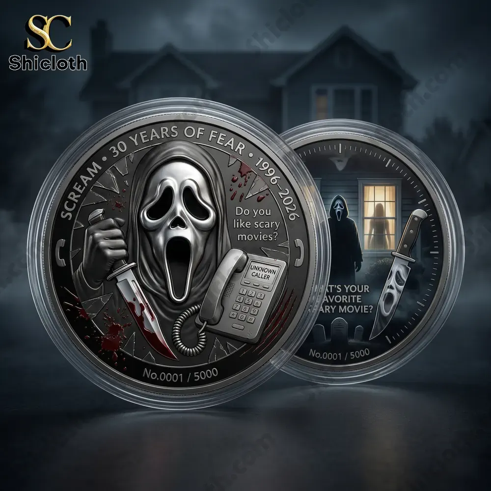 Ghostface horror themed collector coin with knife and phone design!