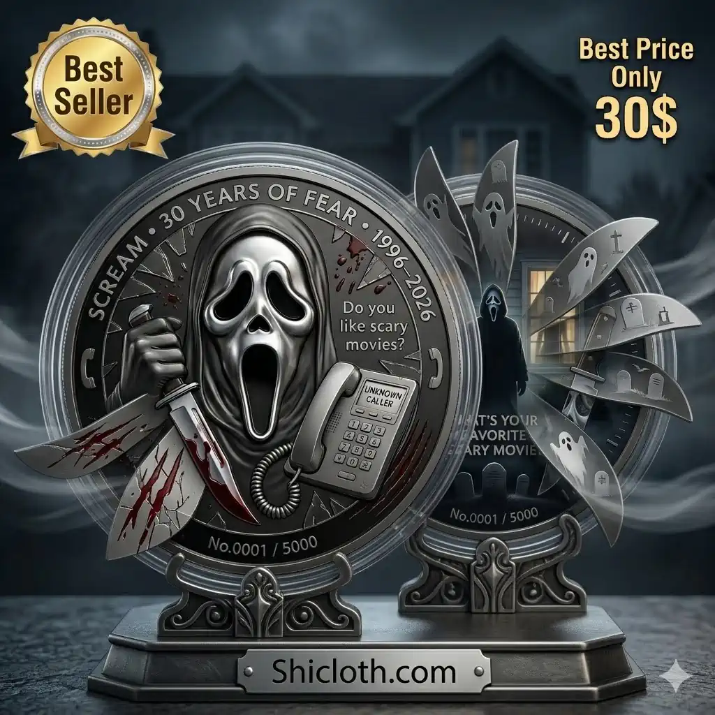 Ghostface collector coin display with multiple knife elements and stand!