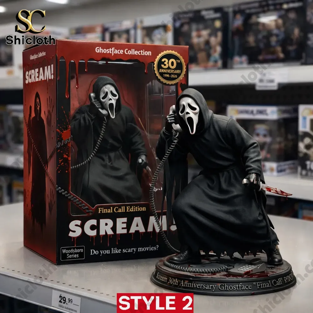 Ghostface action figure holding phone and knife beside themed box