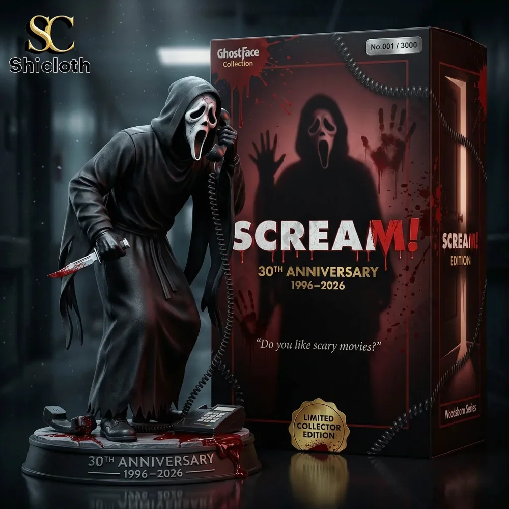 Ghostface statue with collector box in horror themed room.