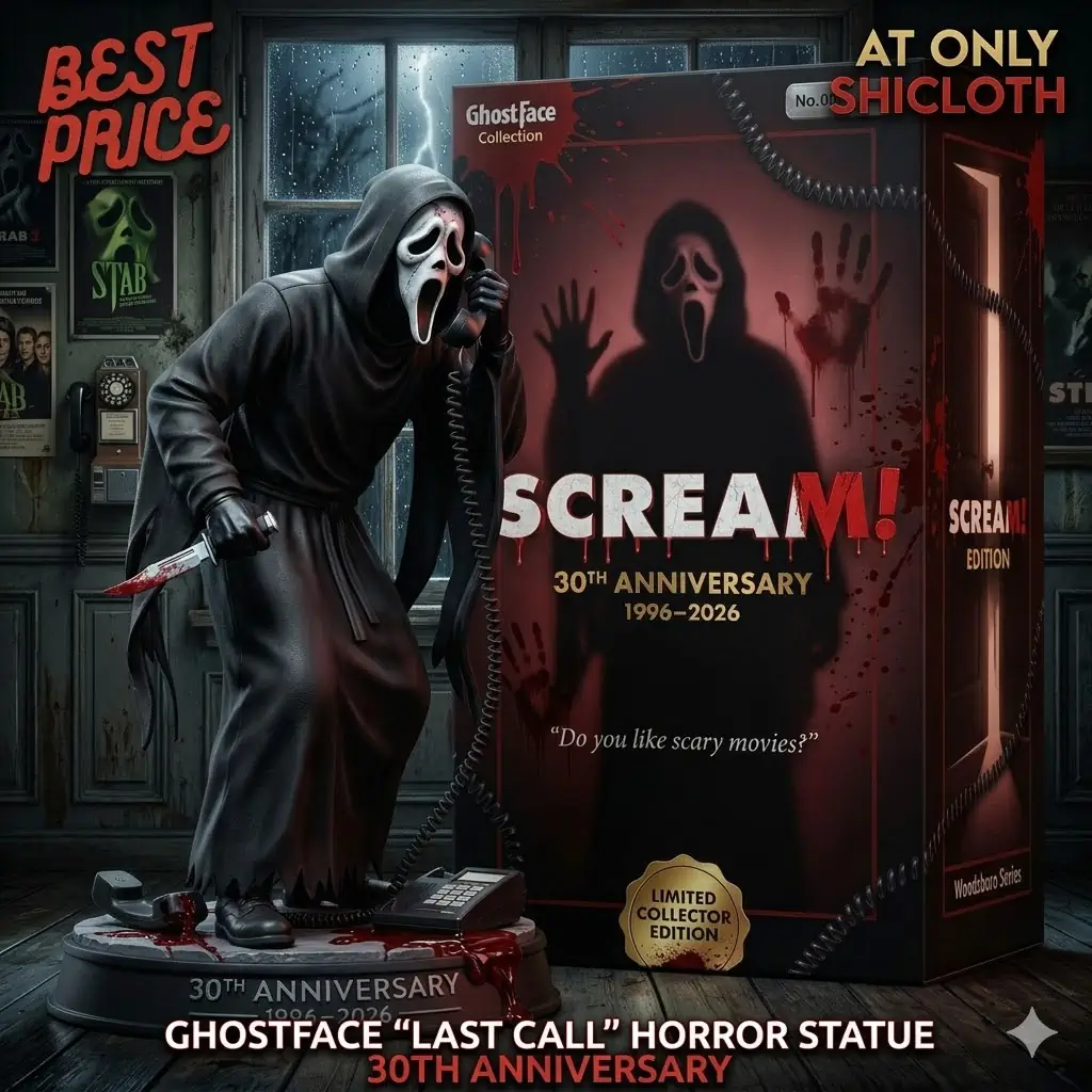 AC/DC 53rd Anniversary Commemorative Figure 101 Ghostface statue holding phone and knife beside collector box.