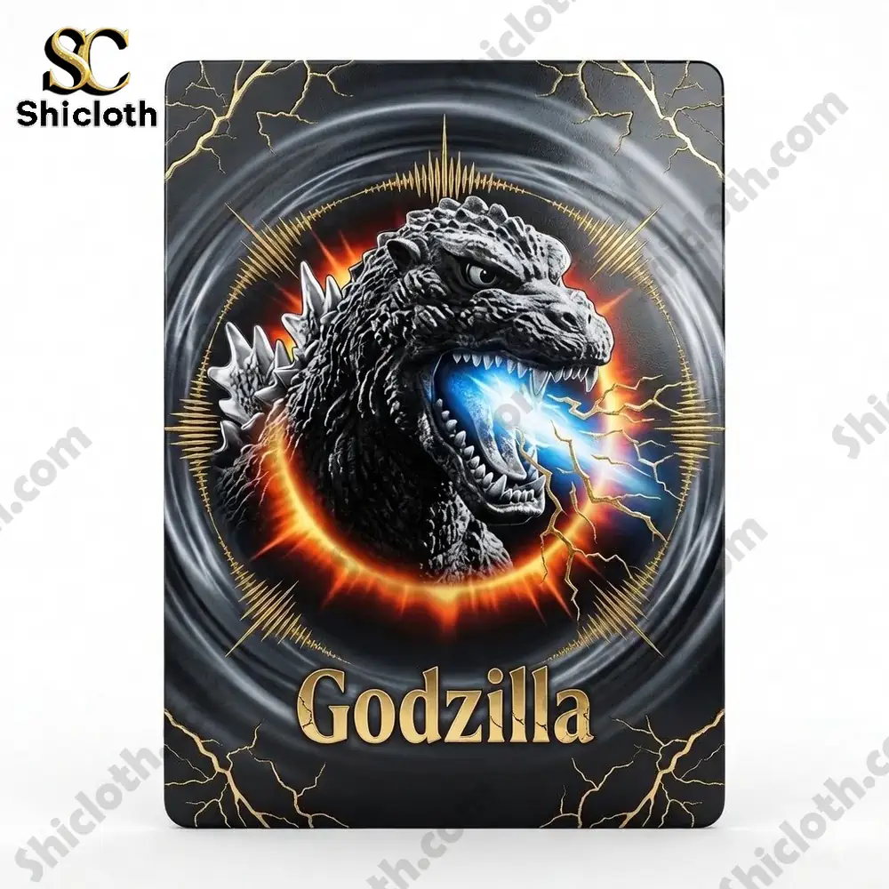Godzilla roaring with energy blast in center design