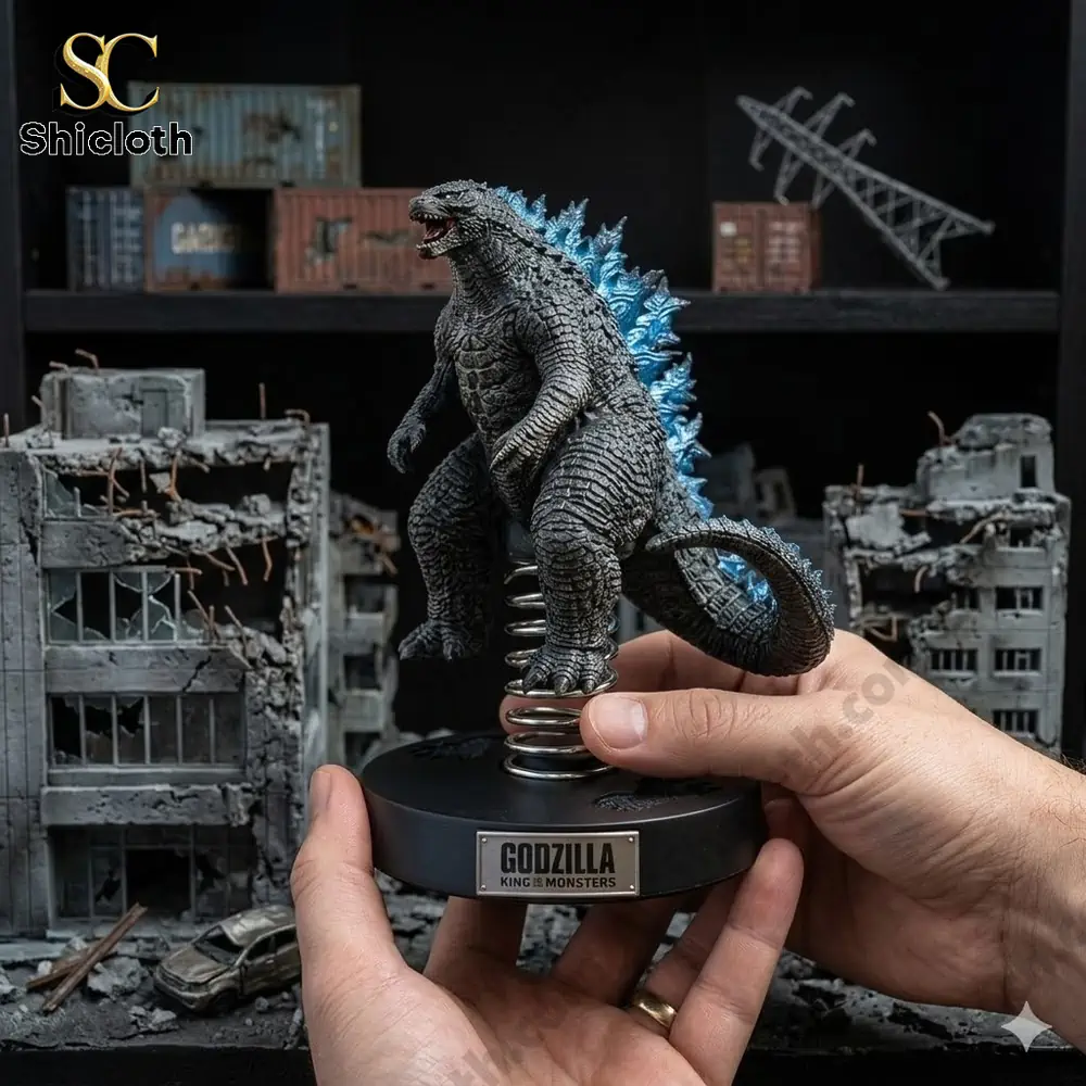 Godzilla king of monsters car bobblehead figure on spring base held in hands with ruined city background from Shicloth!