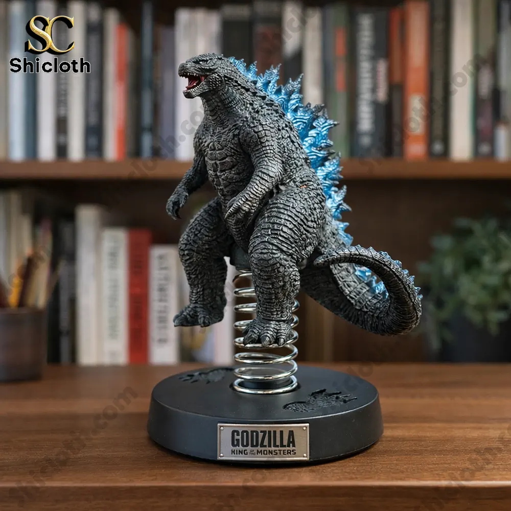Godzilla king of monsters car bobblehead figure on spring base on desk with bookshelf background from Shicloth!