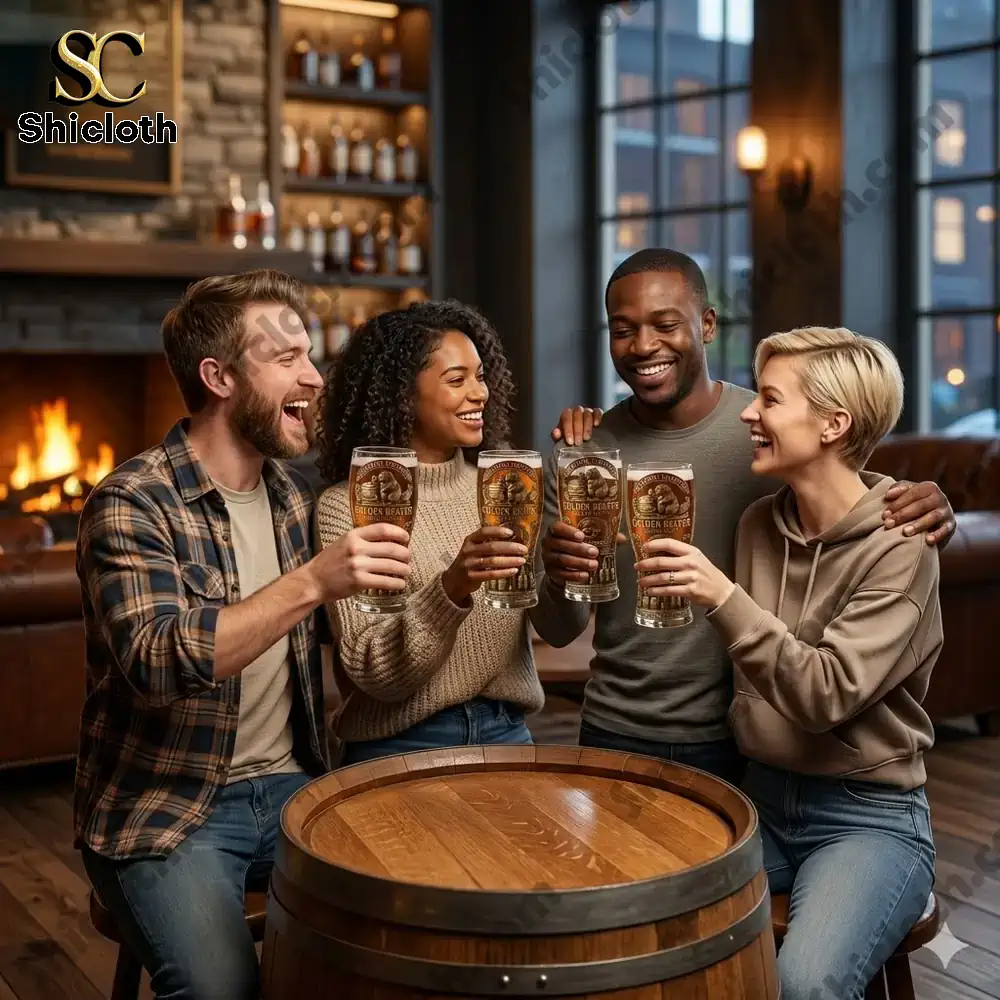 Friends holding beer glasses with Golden Beaver Distillery design in cozy bar