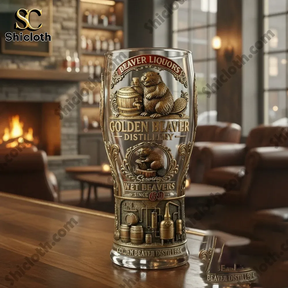 Close view of Golden Beaver Distillery beer glass with detailed design