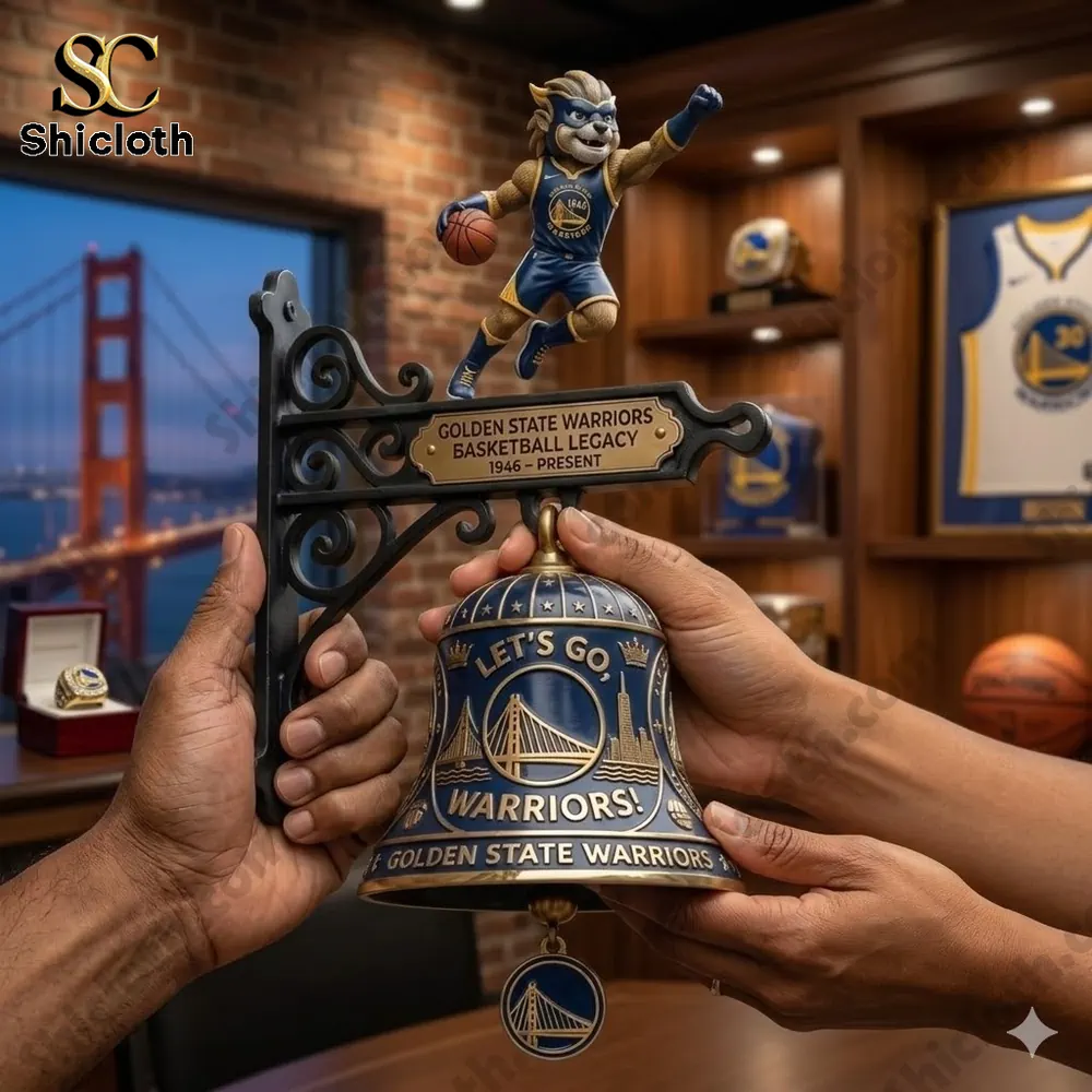 Golden State Warriors wall bell with mascot figure and bridge emblem held in hands!