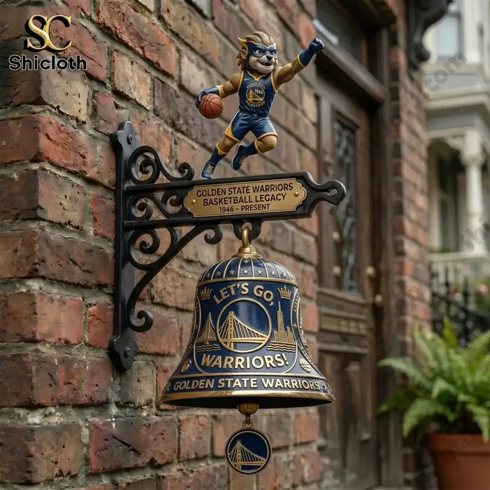 Golden State Warriors wall bell with mascot figure mounted on brick wall outside home!