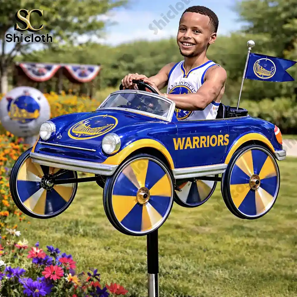 Stephen Curry figure riding a blue Warriors themed garden spinner car