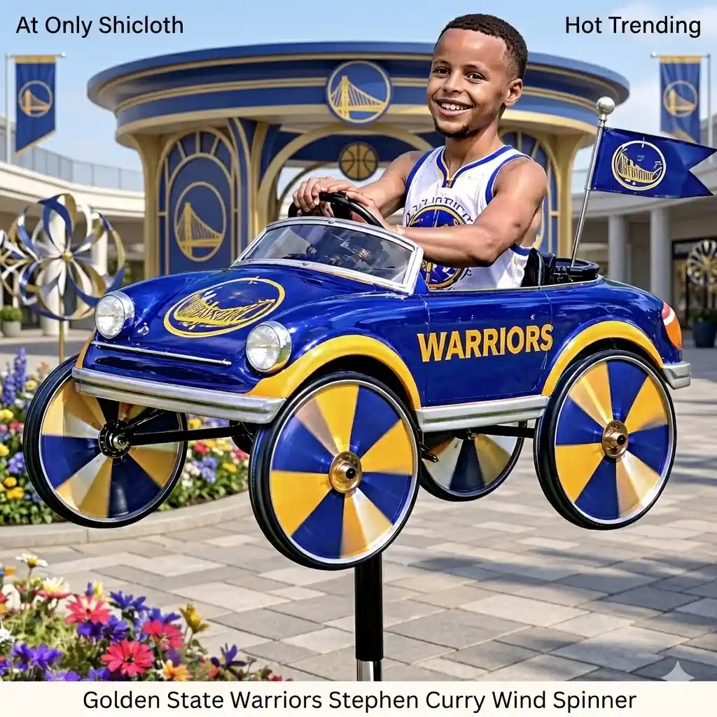 Stephen Curry figure in Warriors spinner car displayed in a themed plaza setting