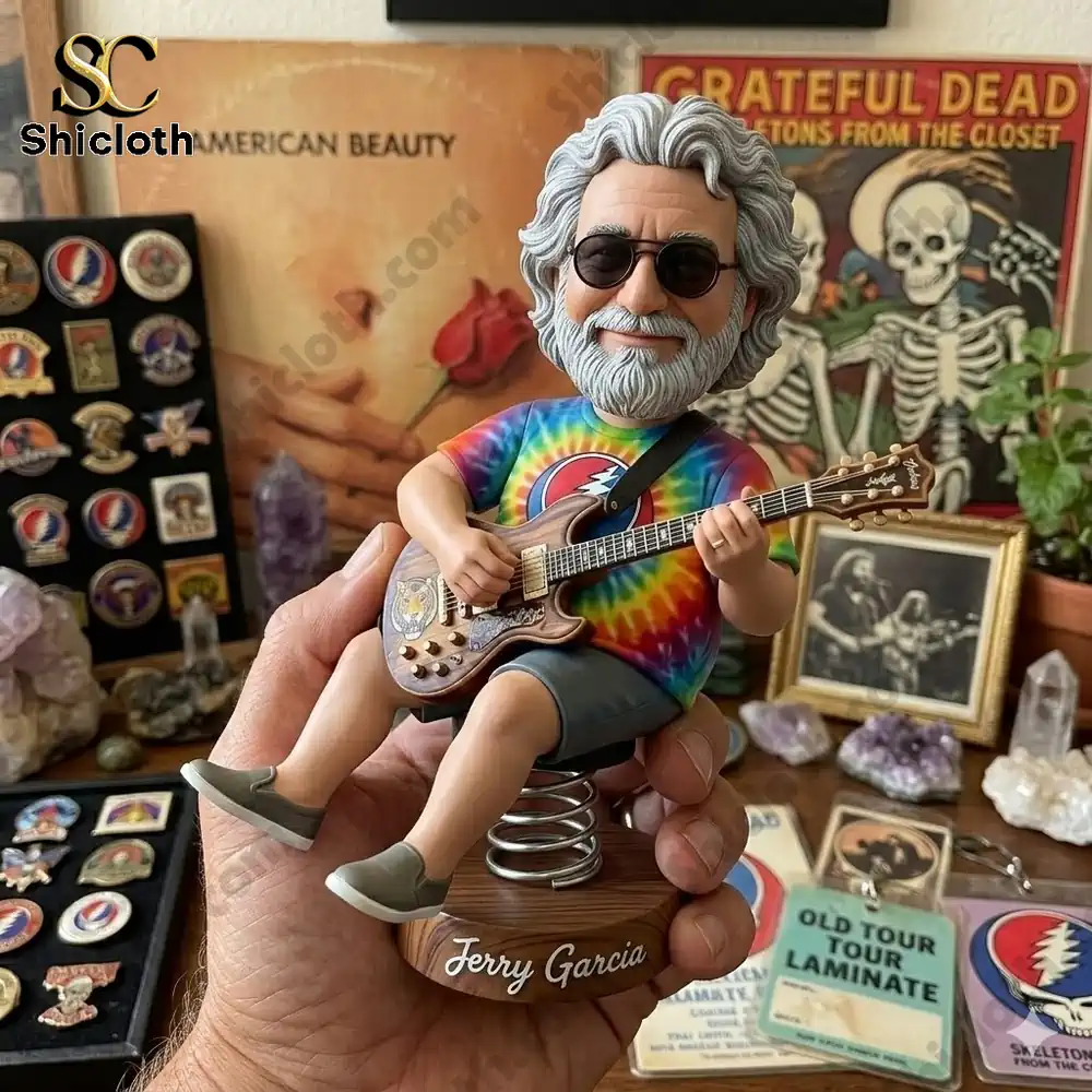 Jerry Garcia guitarist bobblehead figure with guitar and colorful shirt!